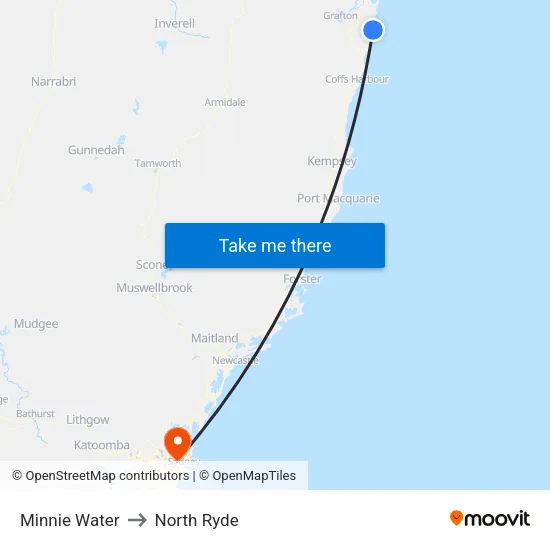 Minnie Water to North Ryde map