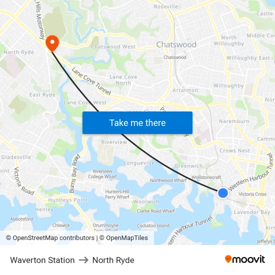 Waverton Station to North Ryde map