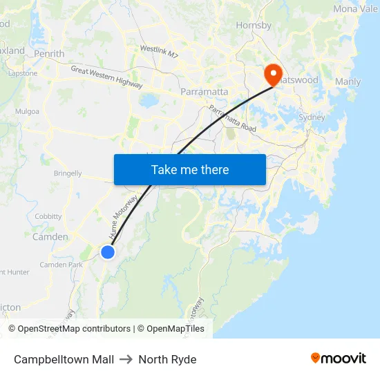 Campbelltown Mall to North Ryde map
