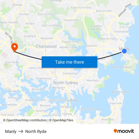 Manly to North Ryde map