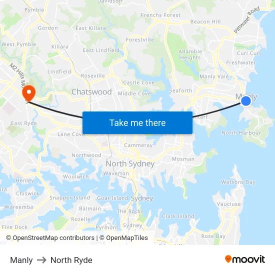 Manly to North Ryde map