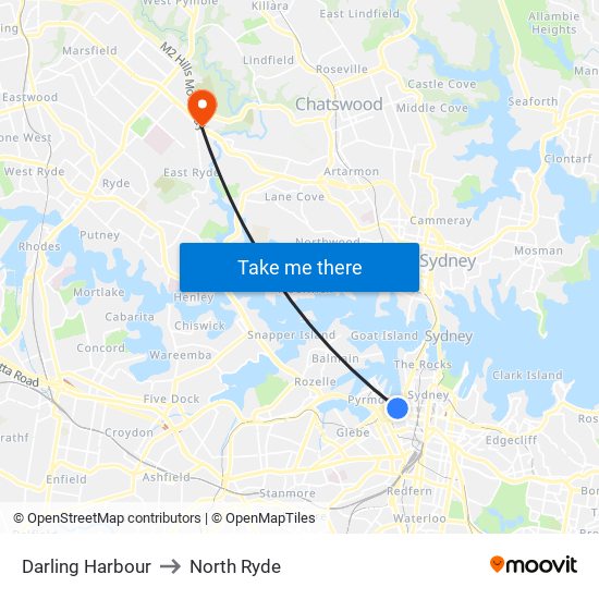 Darling Harbour to North Ryde map