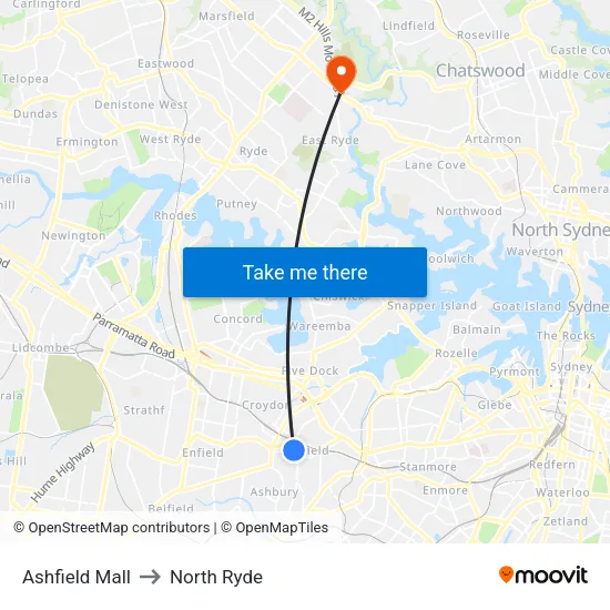 Ashfield Mall to North Ryde map