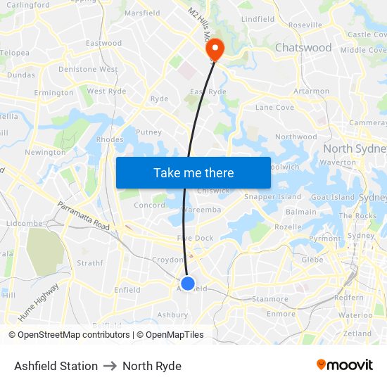 Ashfield Station to North Ryde map