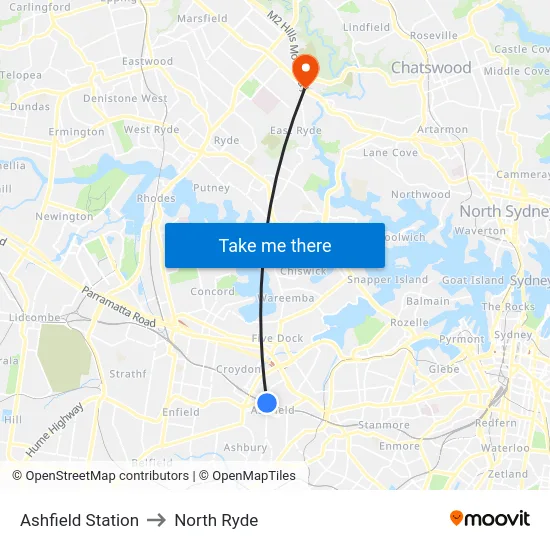 Ashfield Station to North Ryde map