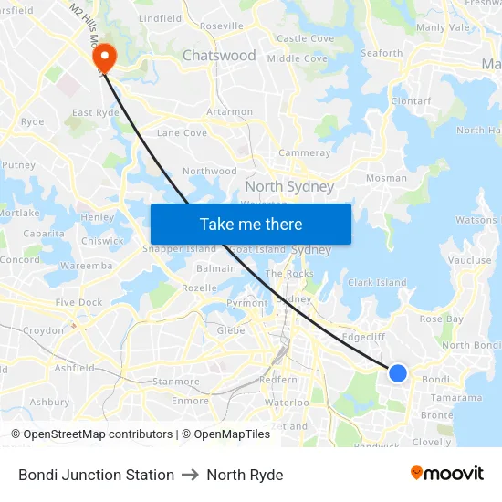Bondi Junction Station to North Ryde map