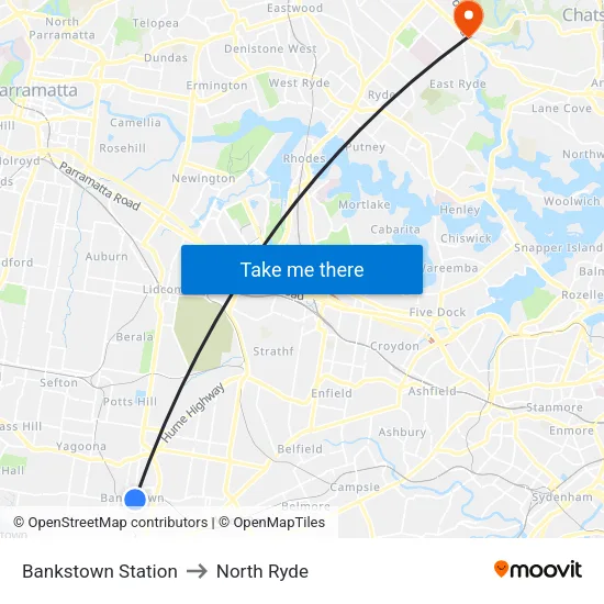 Bankstown Station to North Ryde map