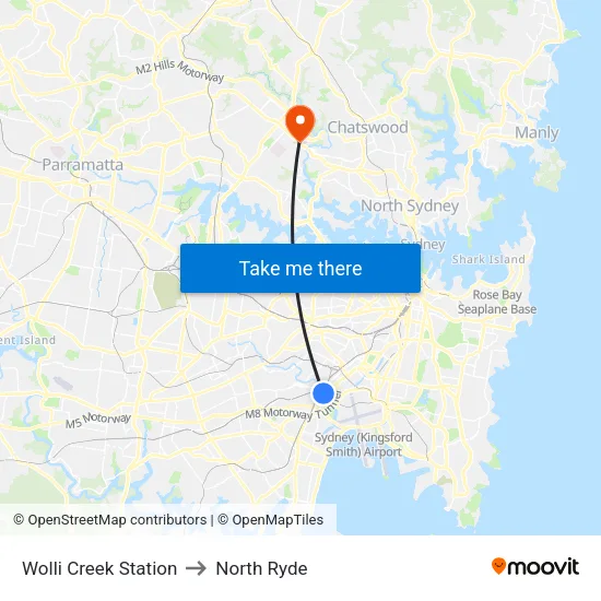 Wolli Creek Station to North Ryde map