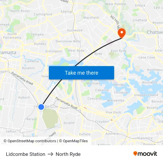 Lidcombe Station to North Ryde map