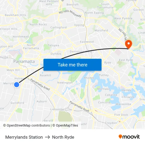 Merrylands Station to North Ryde map
