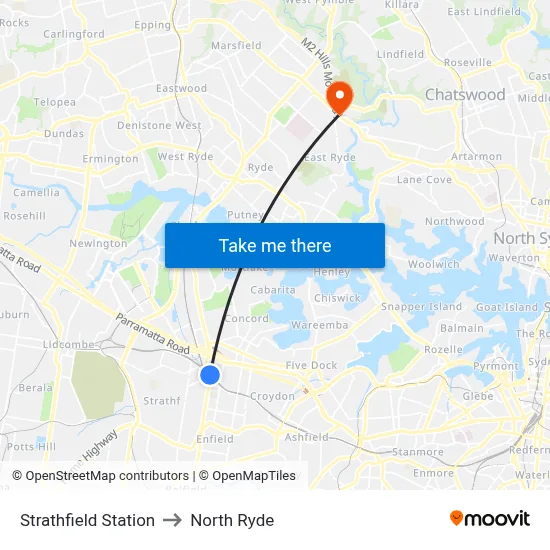 Strathfield Station to North Ryde map