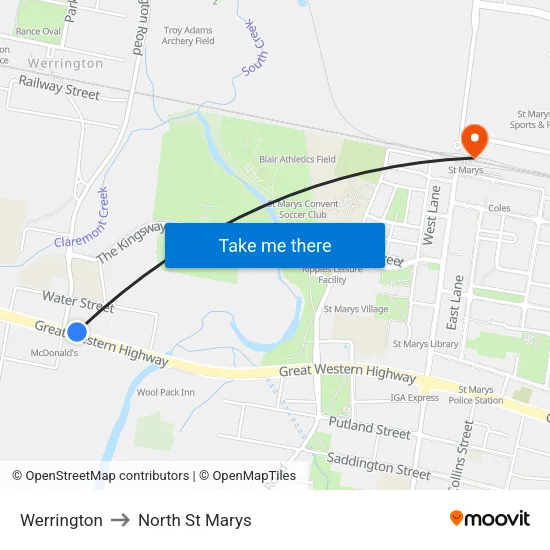 Werrington to North St Marys map