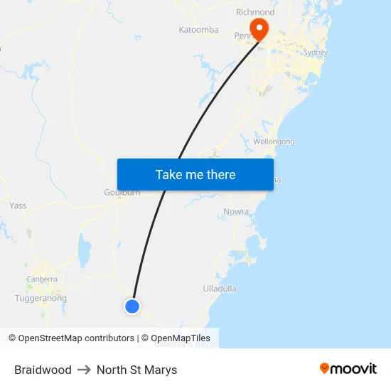 Braidwood to North St Marys map