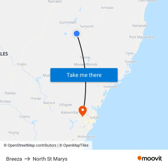 Breeza to North St Marys map