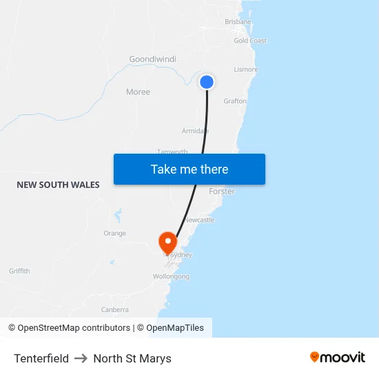 Tenterfield to North St Marys map