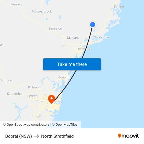 Booral (NSW) to North Strathfield map