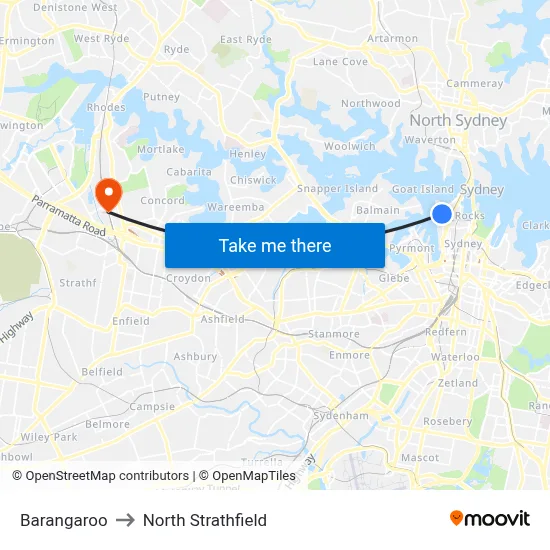 Barangaroo to North Strathfield map