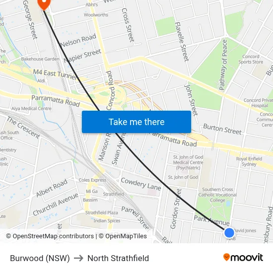 Burwood (NSW) to North Strathfield map