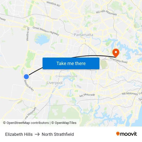 Elizabeth Hills to North Strathfield map