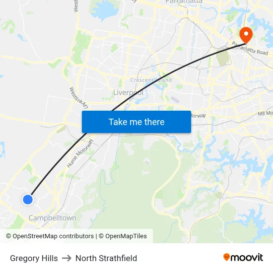 Gregory Hills to North Strathfield map