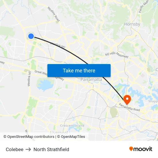 Colebee to North Strathfield map