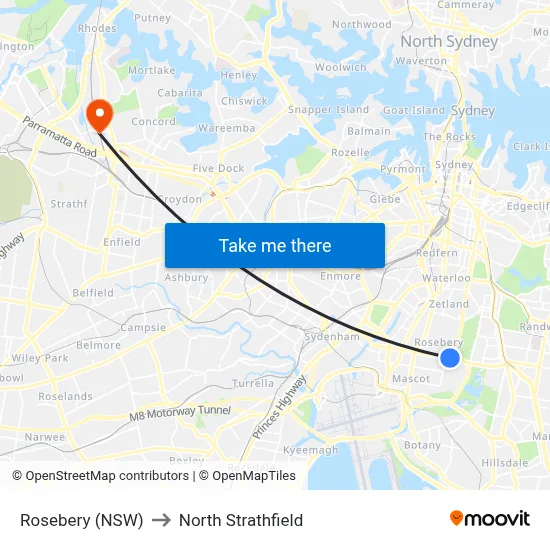 Rosebery (NSW) to North Strathfield map