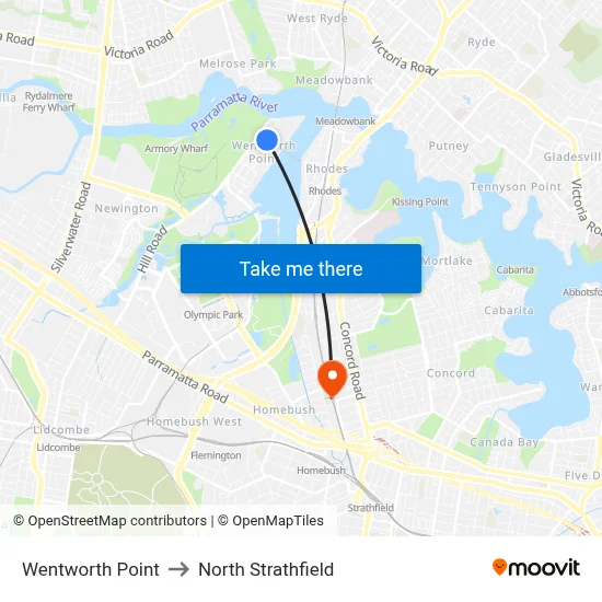 Wentworth Point to North Strathfield map