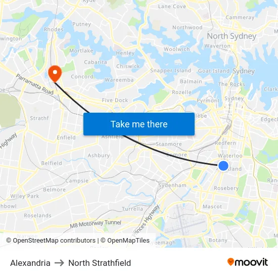 Alexandria to North Strathfield map