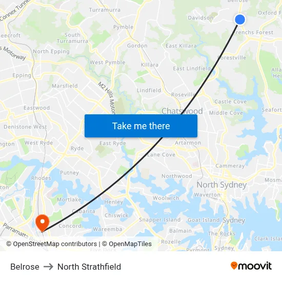 Belrose to North Strathfield map