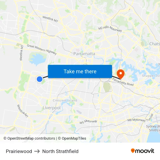 Prairiewood to North Strathfield map