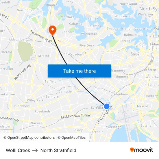Wolli Creek to North Strathfield map