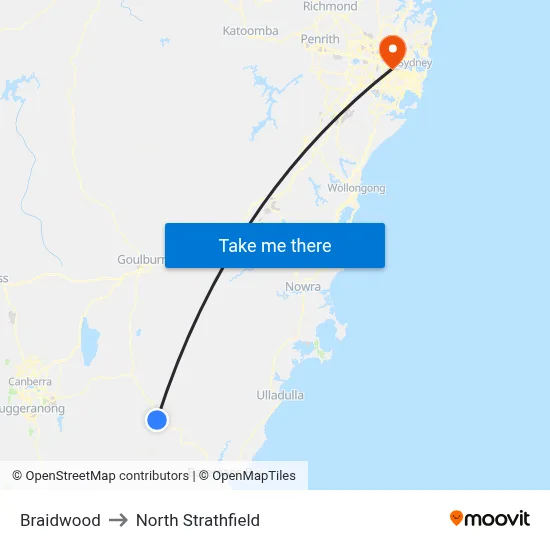 Braidwood to North Strathfield map