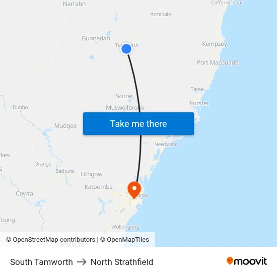 South Tamworth to North Strathfield map