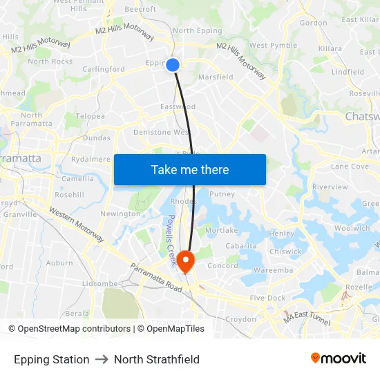 Epping Station to North Strathfield map