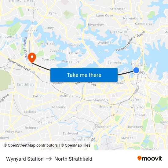 Wynyard Station to North Strathfield map