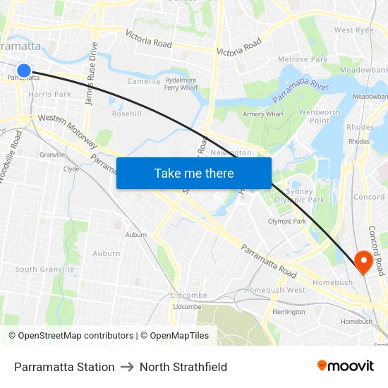 Parramatta Station to North Strathfield map