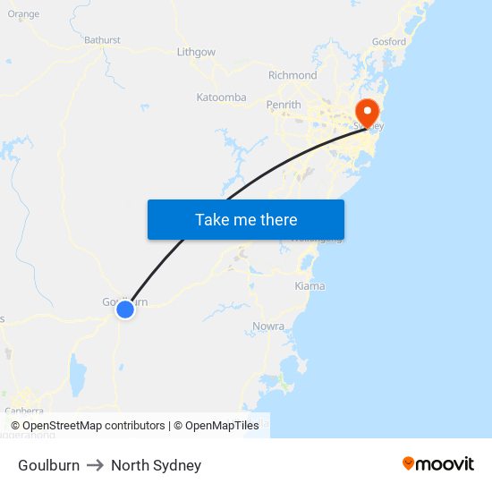 Goulburn to North Sydney map