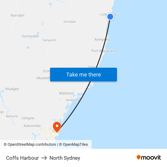 Coffs Harbour to North Sydney map