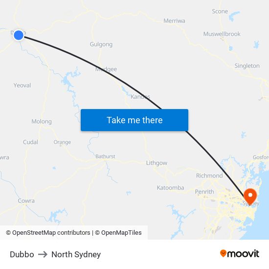Dubbo to North Sydney map