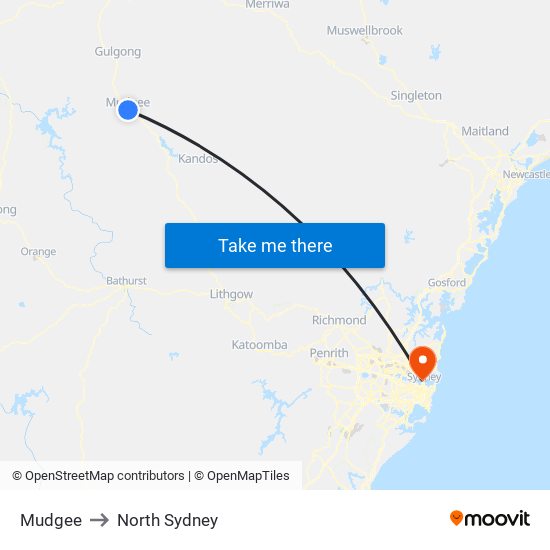 Mudgee to North Sydney map