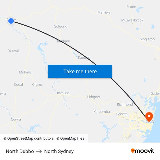 North Dubbo to North Sydney map