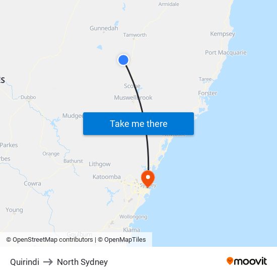 Quirindi to North Sydney map