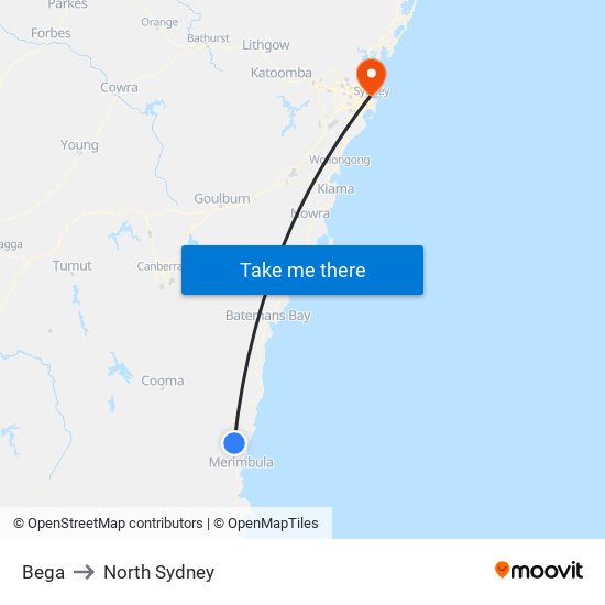 Bega to North Sydney map