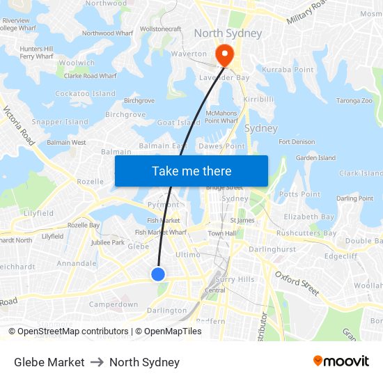 Glebe Market to North Sydney map