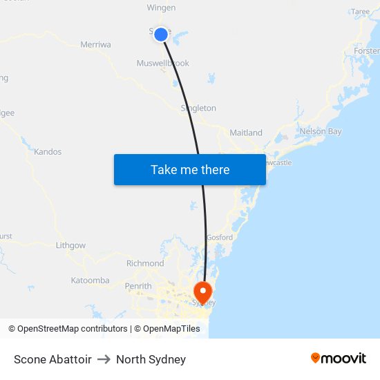 Scone Abattoir to North Sydney map