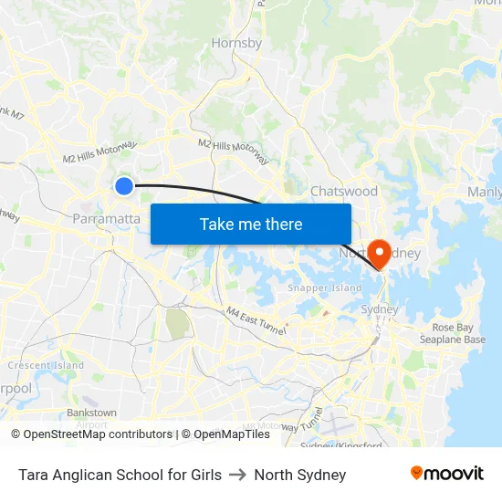 Tara Girls School to North Sydney map