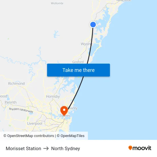 Morisset Station to North Sydney map