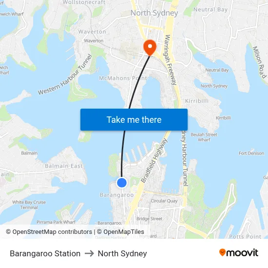 Barangaroo Station to North Sydney map