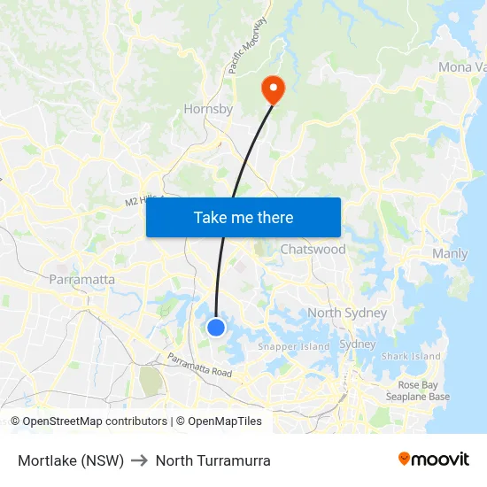 Mortlake (NSW) to North Turramurra map