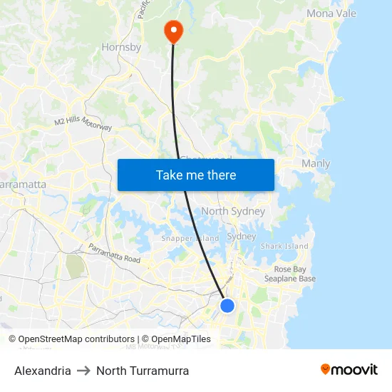 Alexandria to North Turramurra map